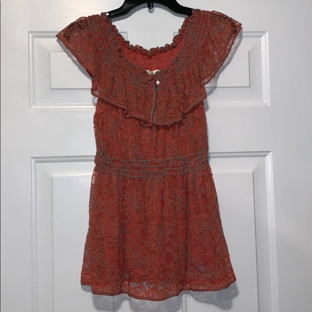 Mixture Lace Blouse Large Rust Orange Boho Off Shoulder Ruffle Top Feminine Chic - Picture 1 of 4